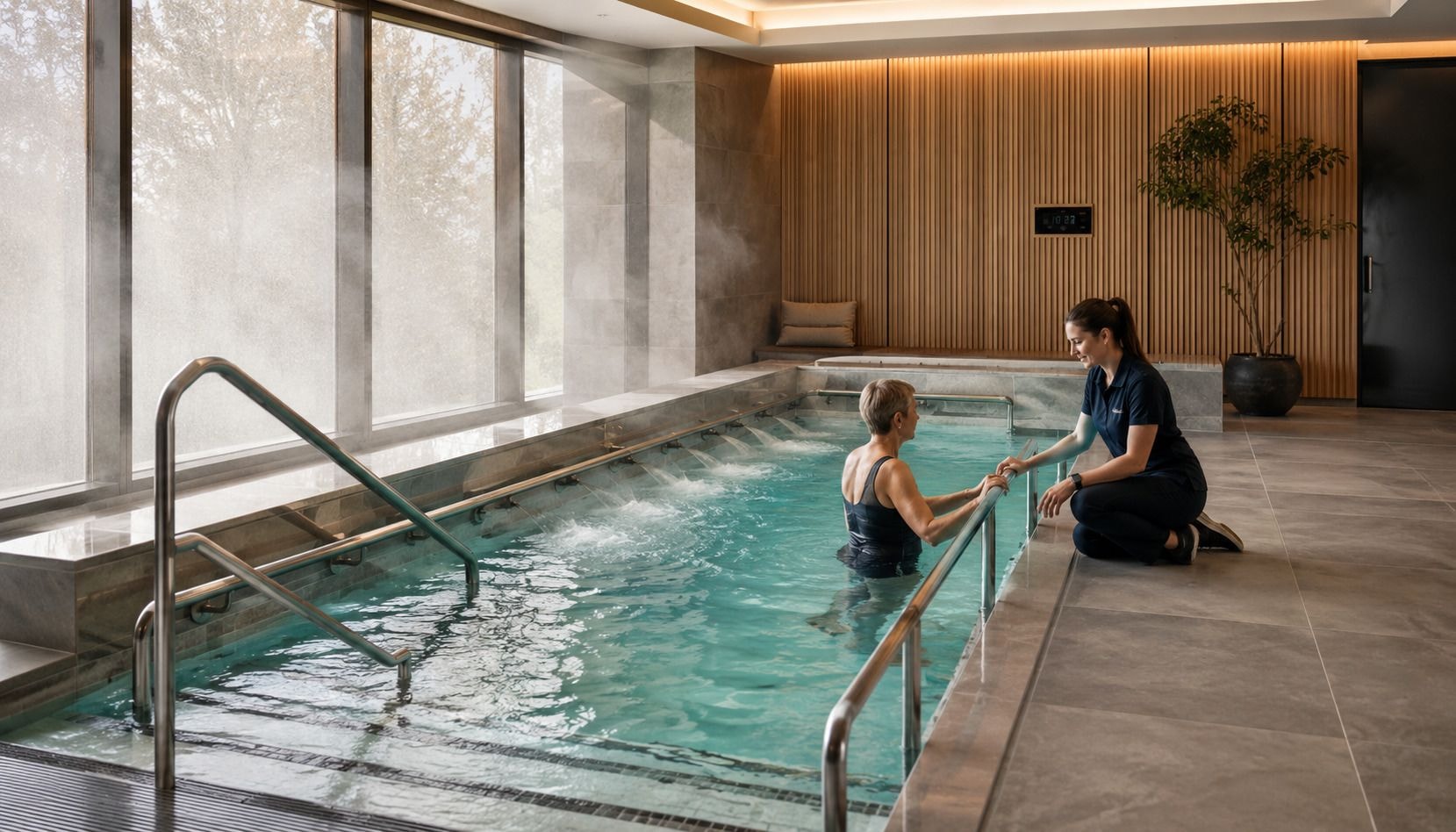 Therapist supporting a patient at the handrail of a heated hydrotherapy pool with wall jets and wide entry steps